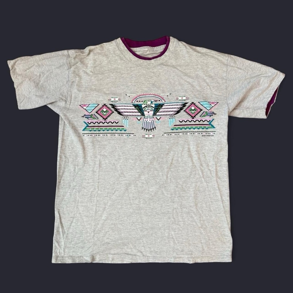 Vintage 1991 Lifestyles Thunderbird Grey T-Shirt Adult Size Large Aztec Western